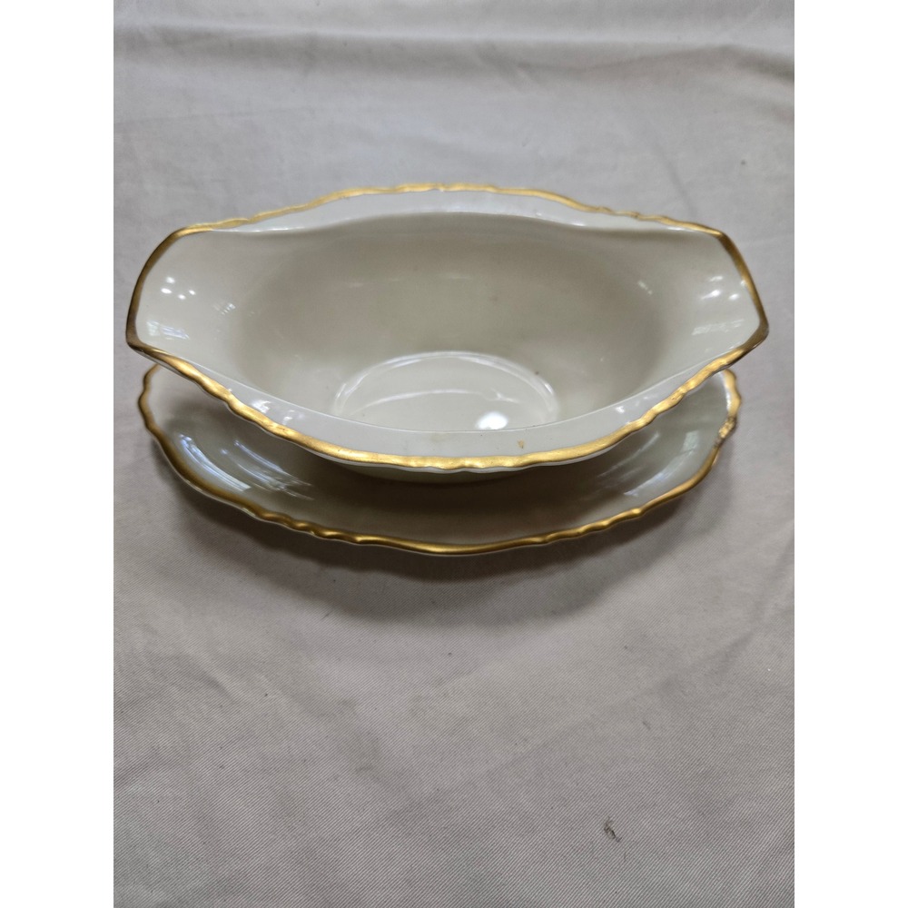 Vintage Syracuse China Old Ivory Gravy Boat Attached Underplate Gold Trim Rim